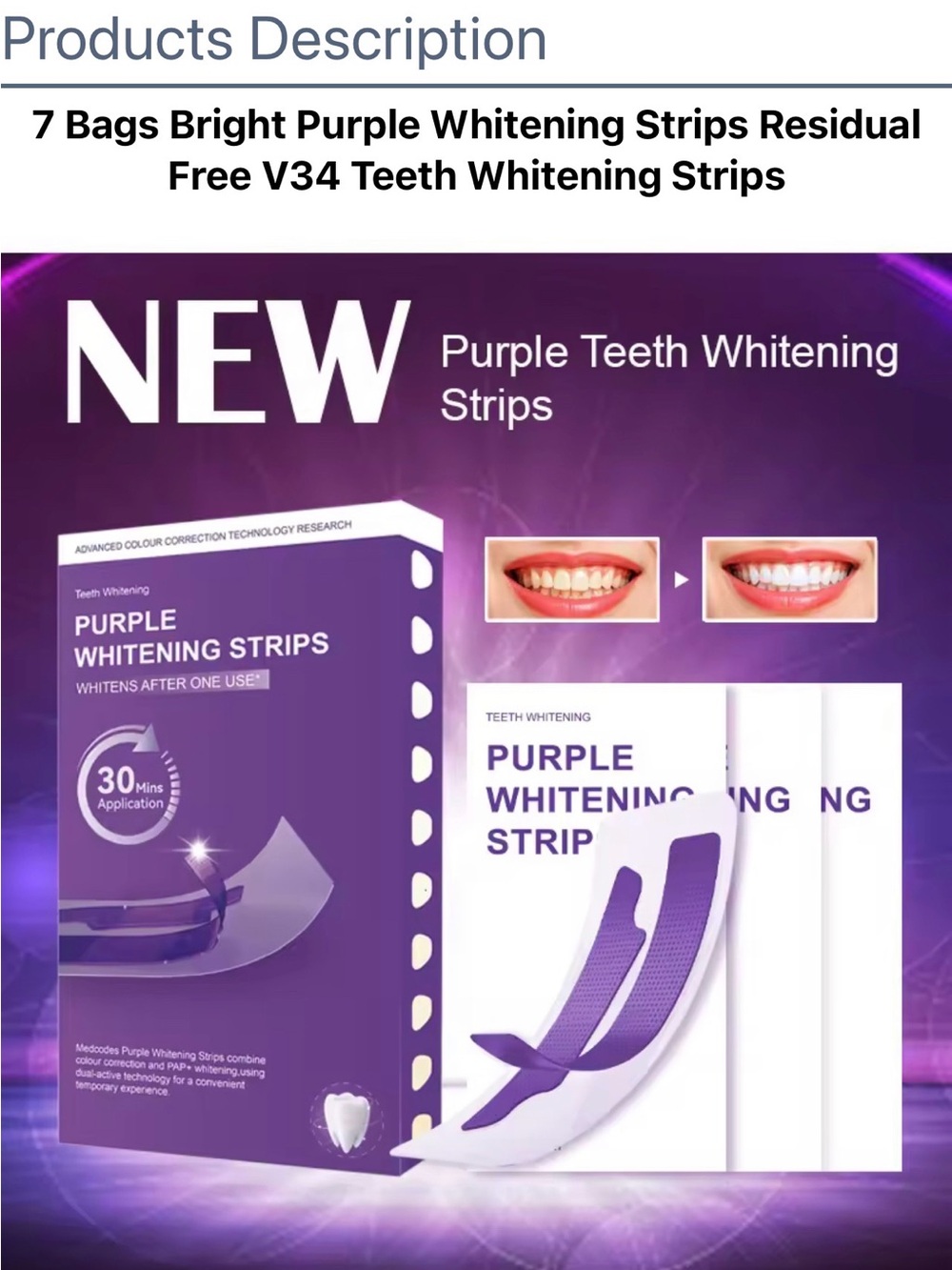 Purple Teeth Whitening Strips - Brightening Strips 14 strips 7 treatment pack